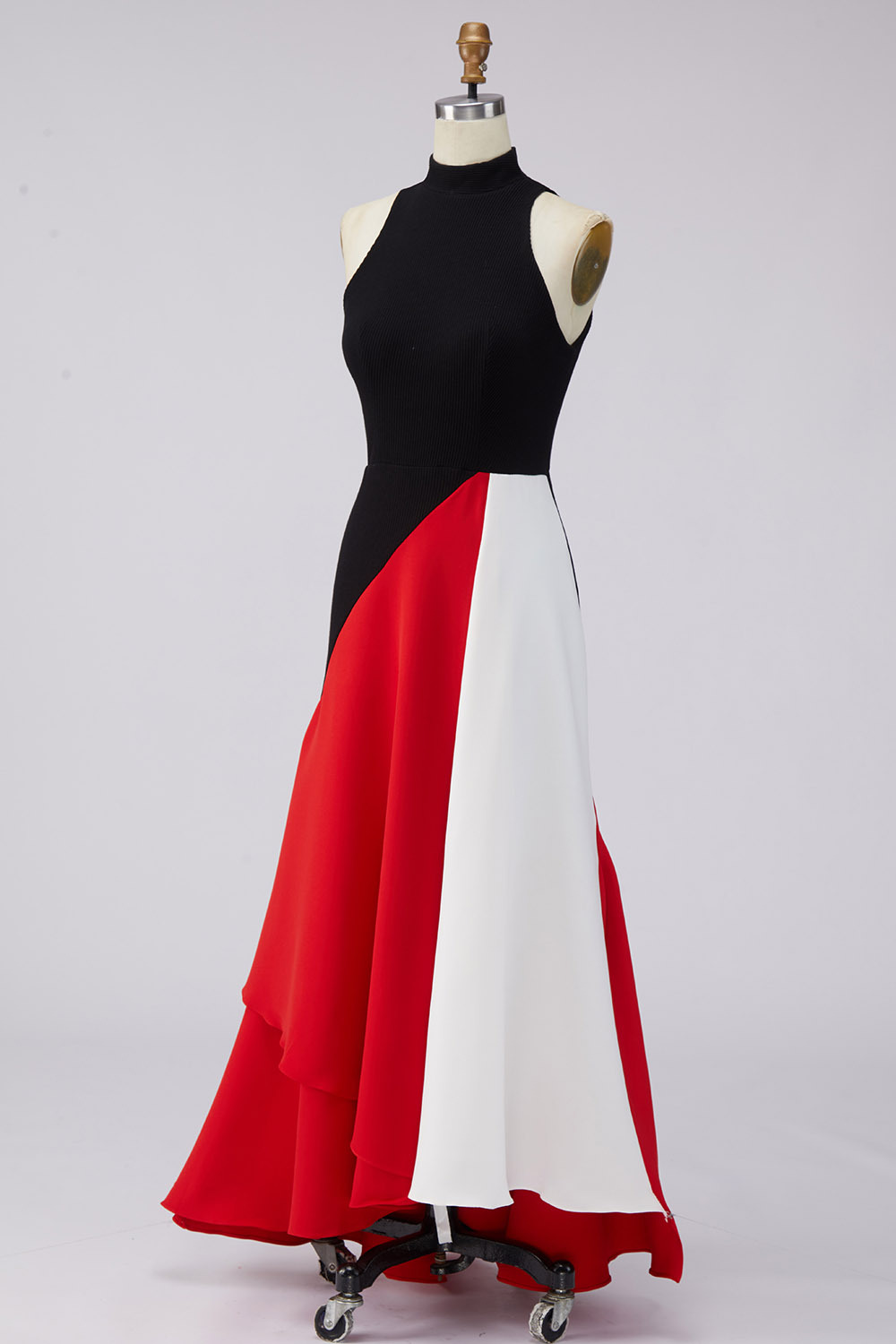 Formal Evening Dress Red Black Color-Block Sleeveless Maxi Dress