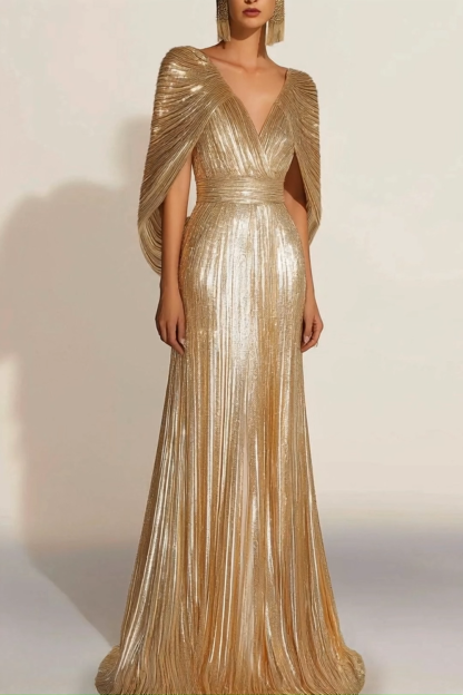 Formal Evening Fringe Dress Gold Cape V-neck Floor-length Gown