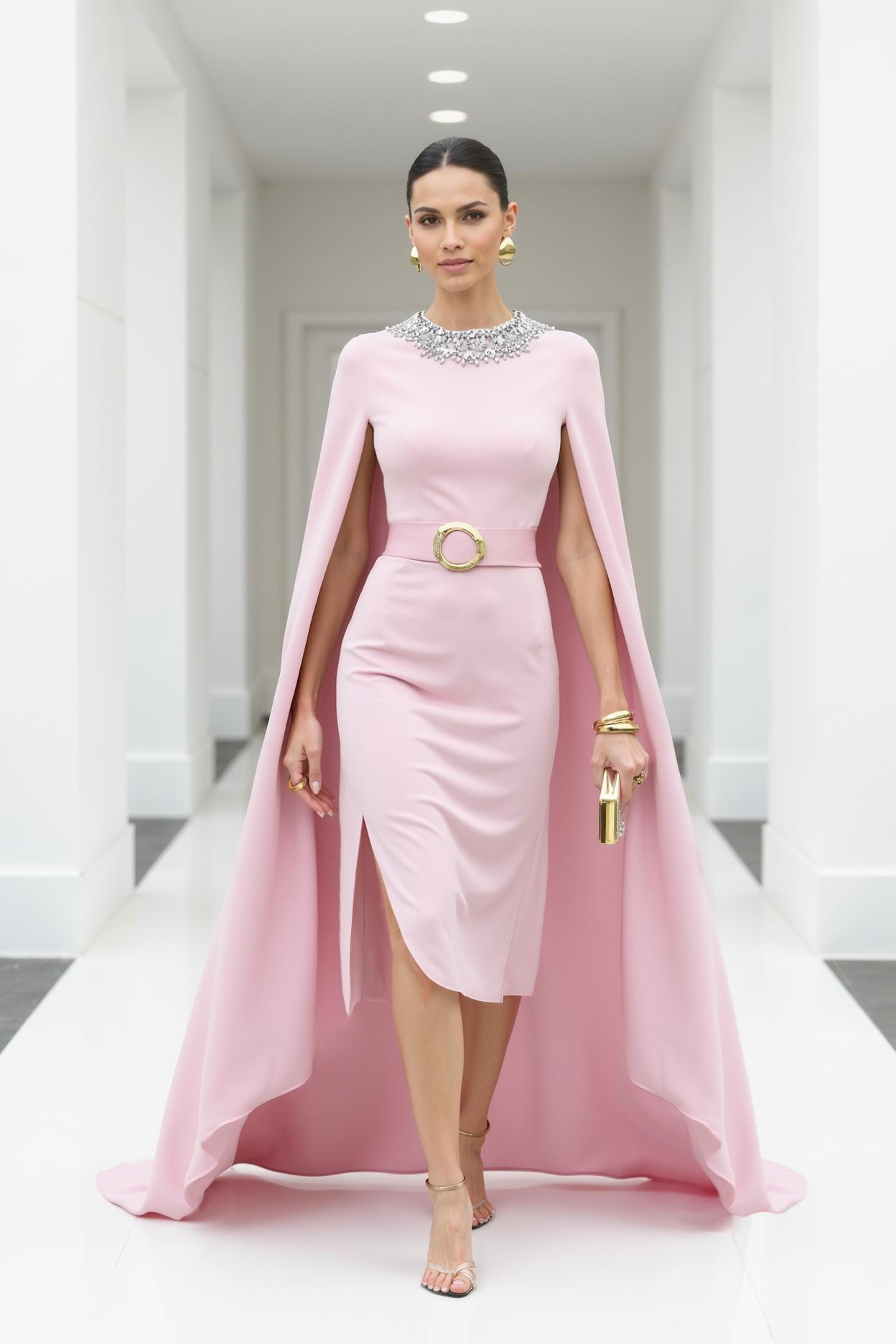 Wedding Guest Dress Pink Crew Neck Belted Cape Knee-Length Dress