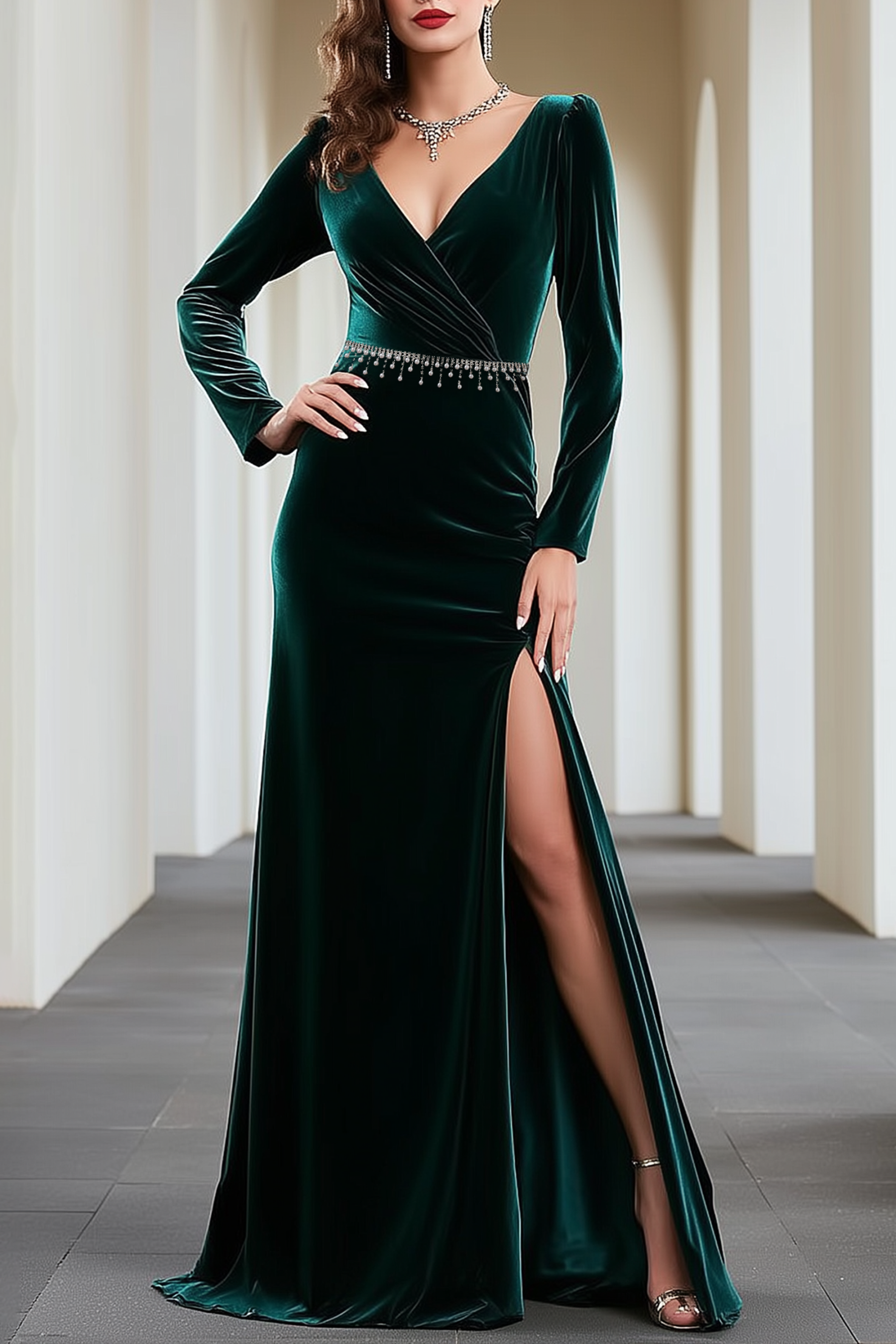 Formal Evening Dress Green V Neck Slit Velvet Maxi Dress