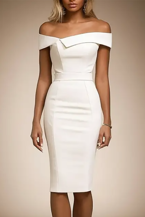 Business Party Dress White Off-Shoulder Straight Knee-Length Dress