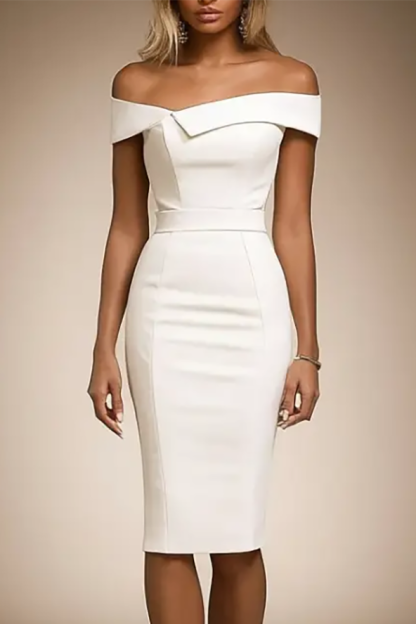 Business Party Dress White Off-Shoulder Straight Knee-Length Dress