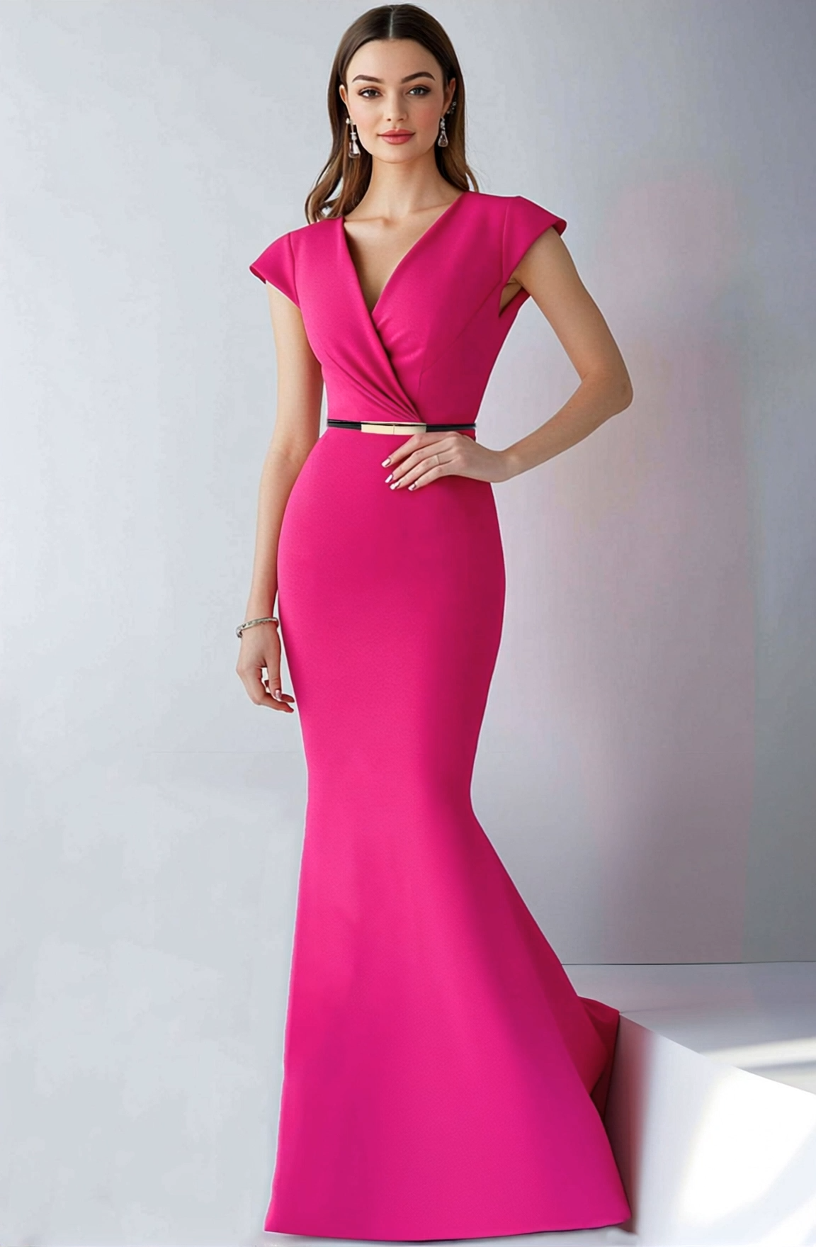 Evening Formal Dress Fuchsia Cross Neck Mermaid Floor-Length Gown