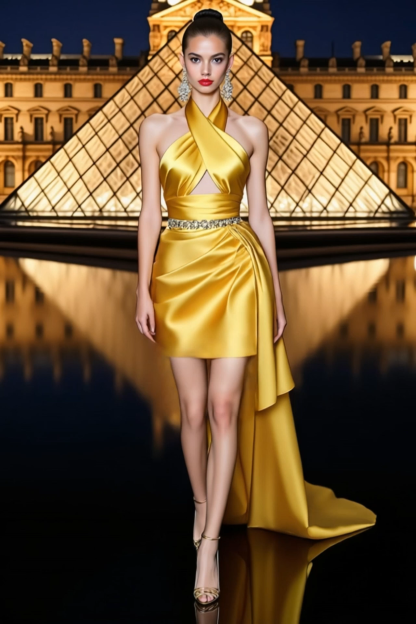 Homecoming Dress​​ Yellow Halter Neck Satin Plus High Low Dress