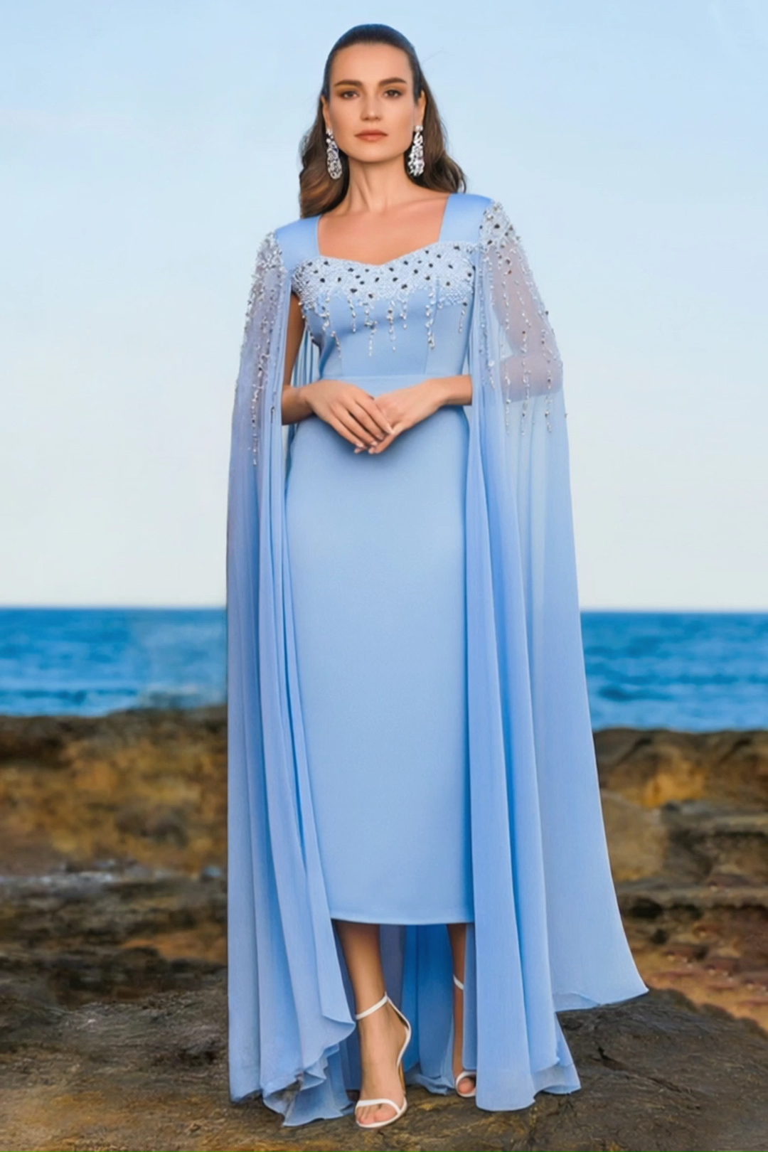 Formal Dress Blue Sweetheart Neck Cape Beaded Floor-Length Dress