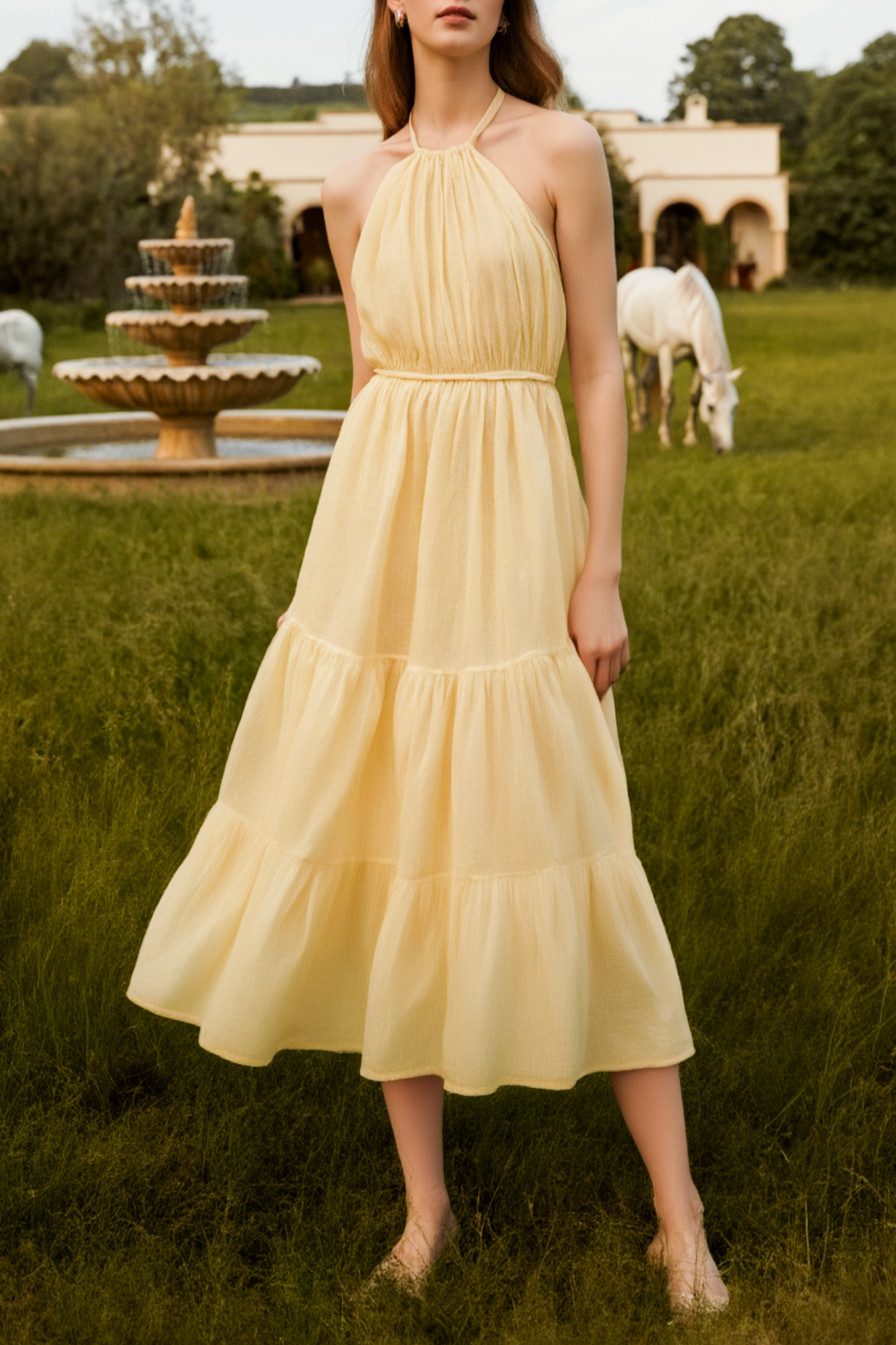 Bohemian Dress Yellow Halter Neck Midi Dress