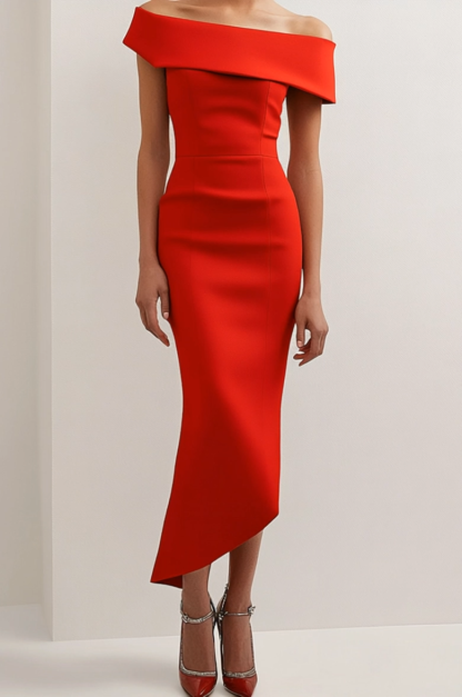 Semi-Formal Party Dress Red Off-Shoulder Midi Dress