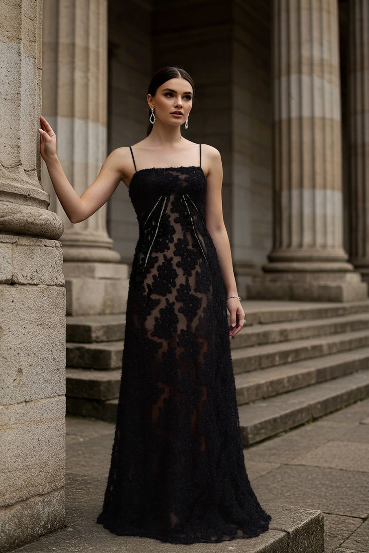 Formal Lace Dress​​ Black Straps Floor-Length Dress