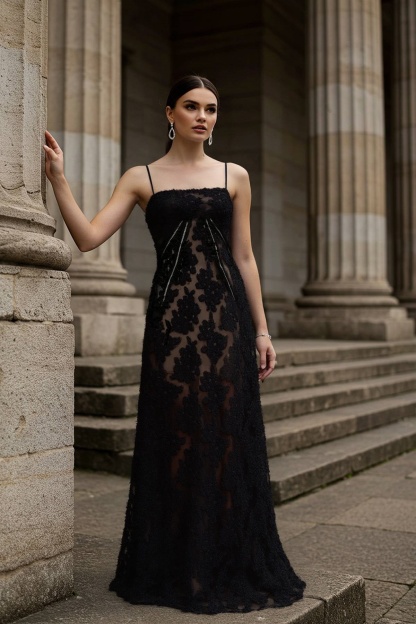 Formal Lace Dress​​ Black Straps Floor-Length Dress