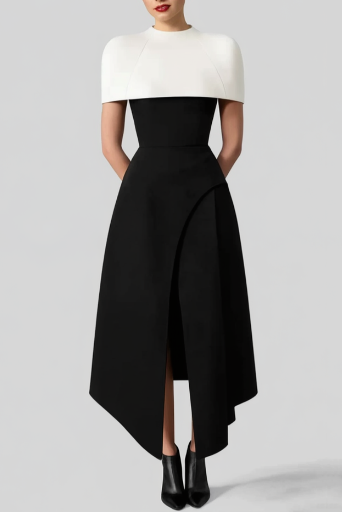 ​Business Dress​ Black White Stand Collar Maxi Dress