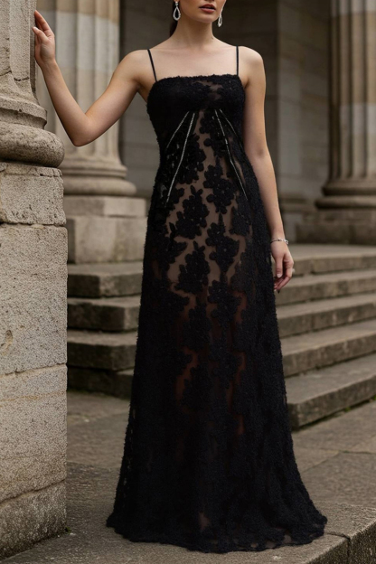 Formal Lace Dress​​ Black Straps Floor-Length Dress