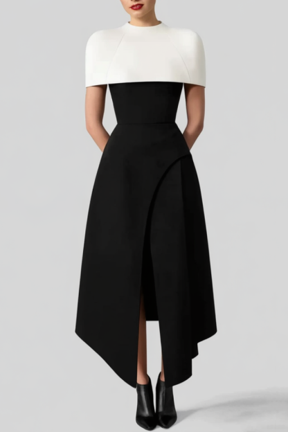 ​Business Dress​ Black White Stand Collar Maxi Dress