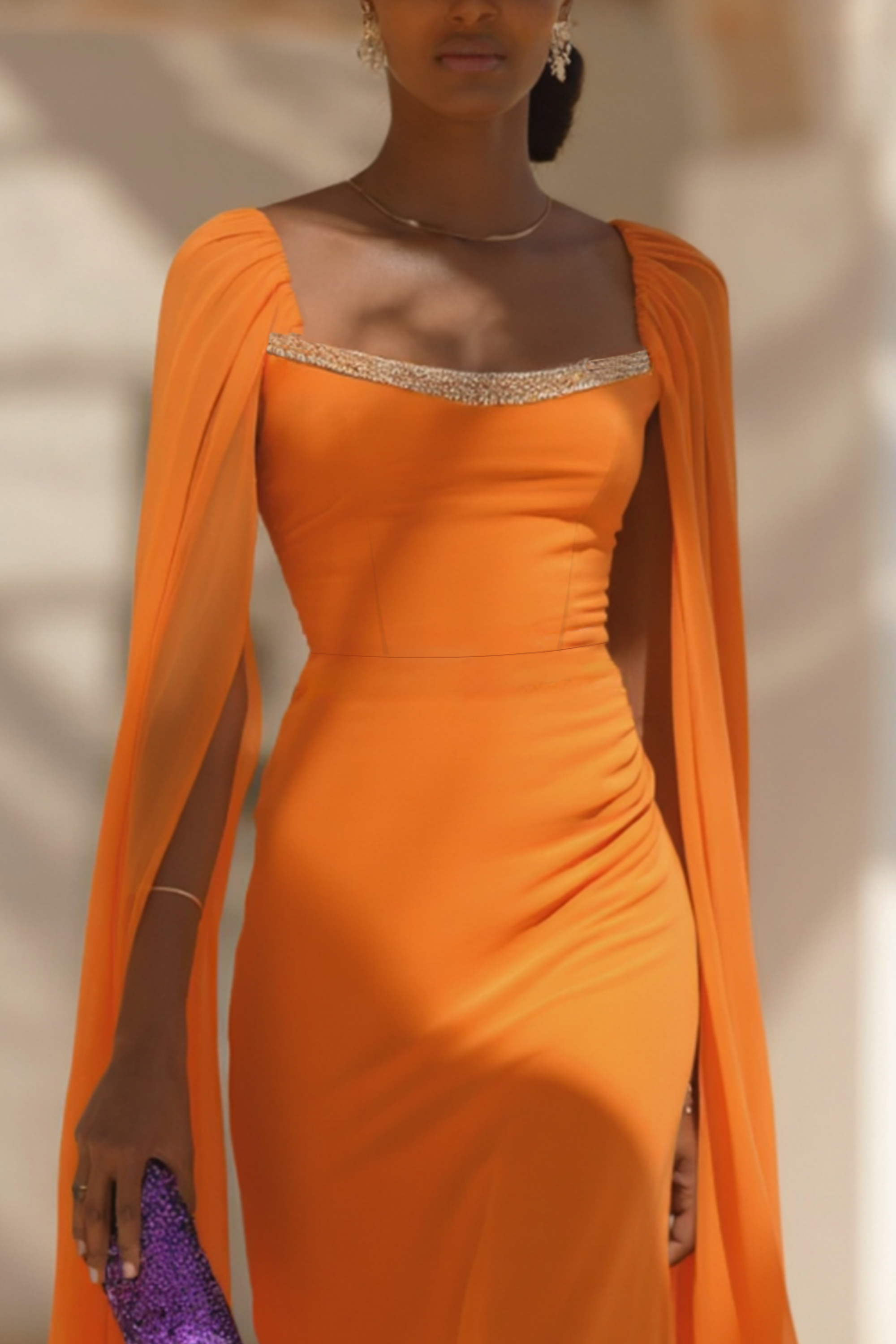 ​Evening Formal​ ​​Cape Dress Orange Square Neck Colorblock Floor-Length Dress