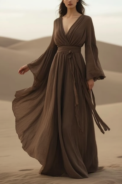 Bohemian Swing Dress Coffee V Neck Floor-Length Dress
