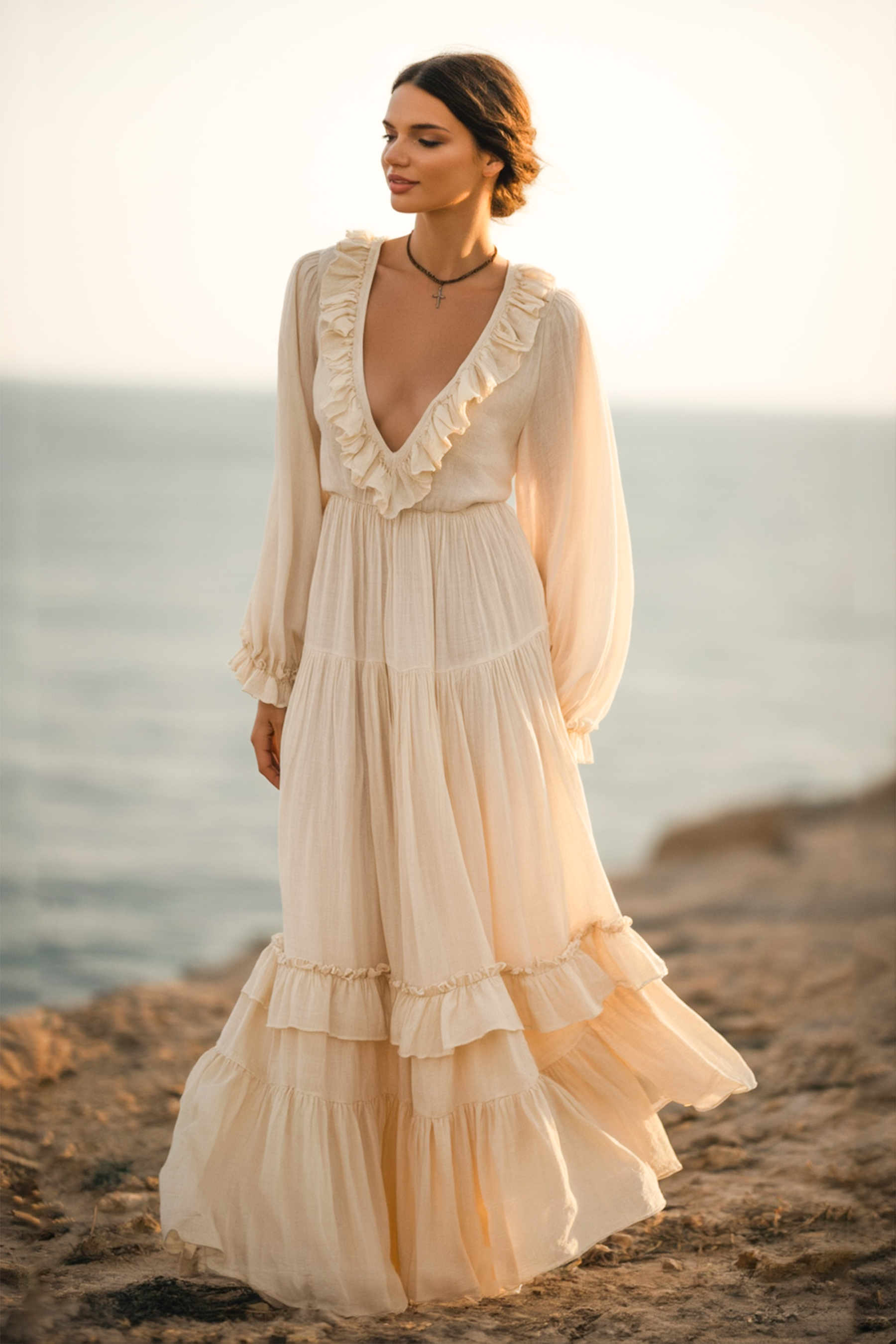 Bohemian Dress Beige Deep V Ruffle Floor-Length Dress