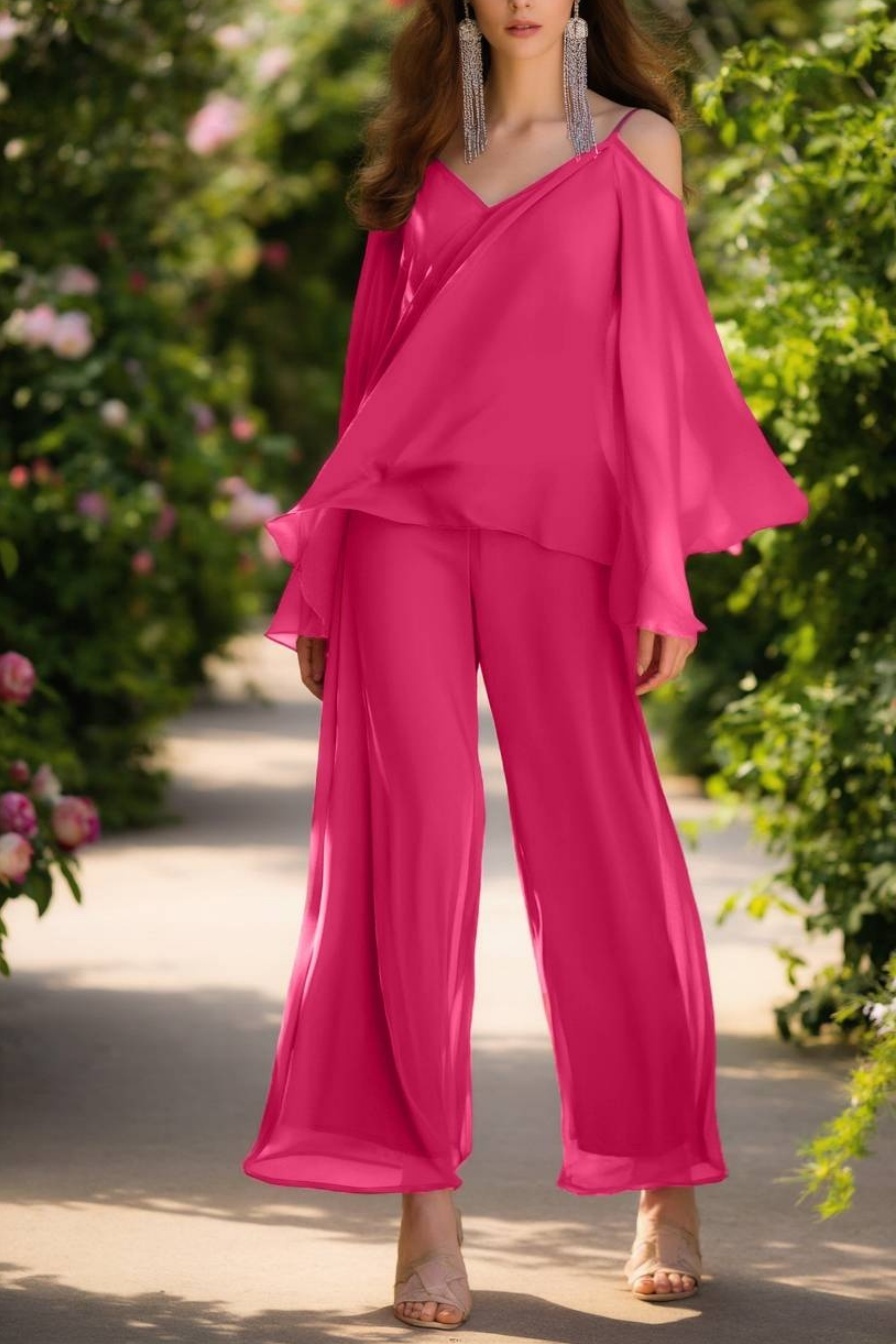 Casual Outfit Sets Rose V Neck Wide-Leg Pants Set