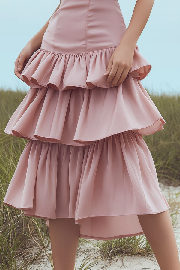 Party Dress Pink Off Shoulder Tiered Midi Dress