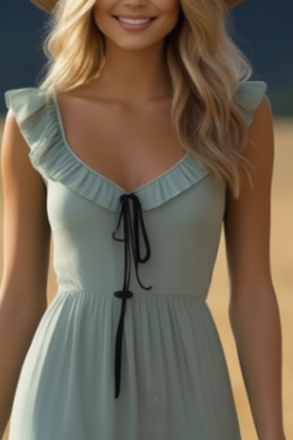 Boho Dress Green V Neck Ruffle Mini Dress