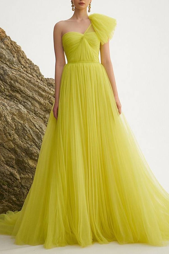 Formal Evening Dress Yellow One Shoulder Maxi Dress
