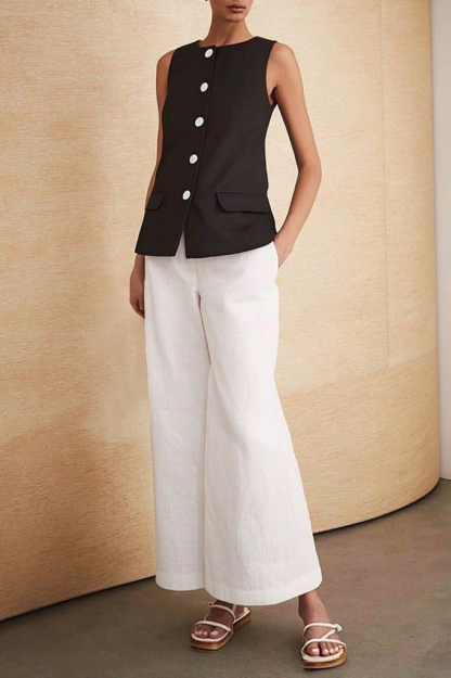 Casual Outfit Sets Black White Crew Neck Pocket Pants Set