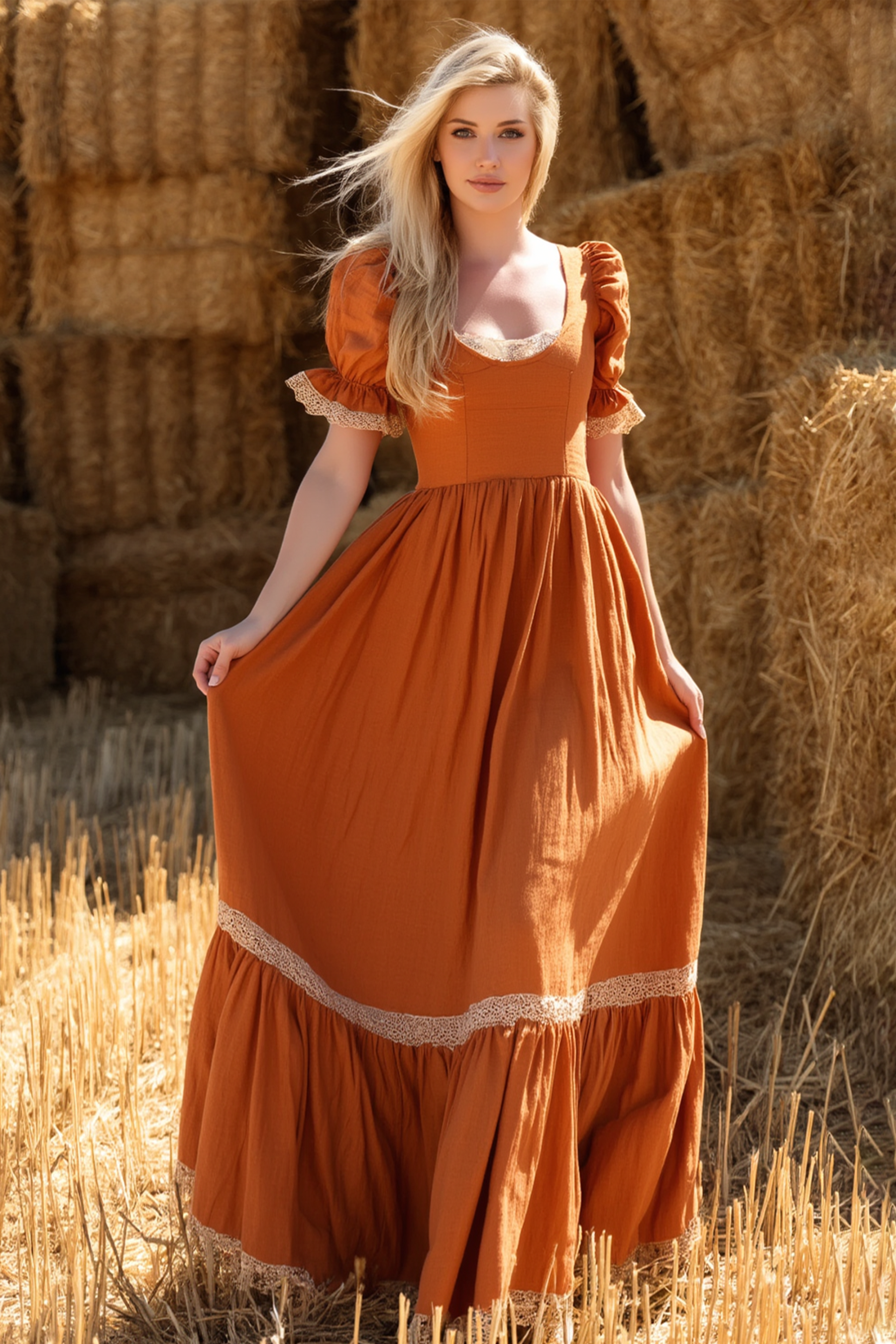 Bohemian Vacation Dress Orange U Neck Short Sleeve MaxiDress