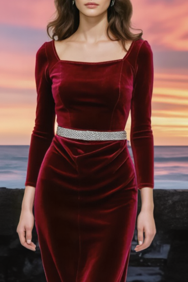 Evening Dress Burgundy Square Neck Velvet Belted Maxi Dress