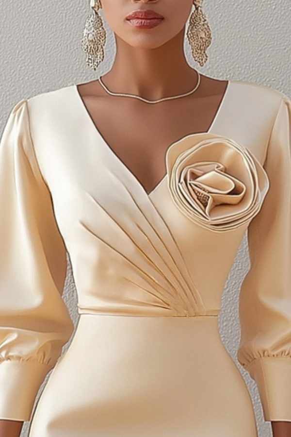 Mother of th Bride Dress Champagne V Neck 3D Floral Knee-Length Dress