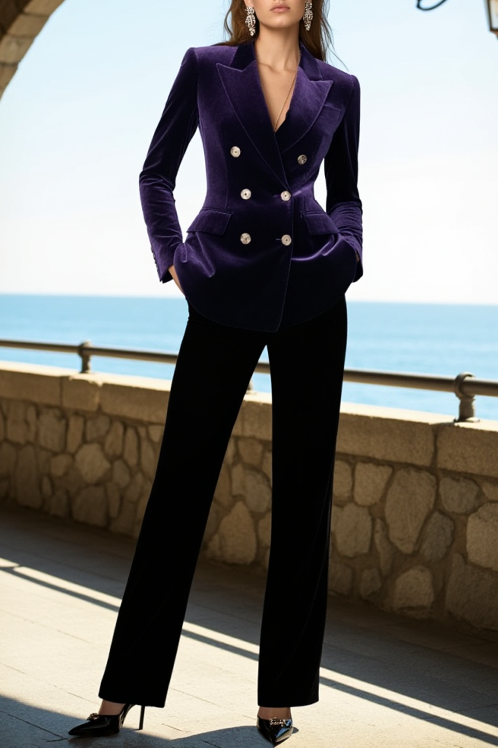 Party Velvet Suit Sets Navy Lapel Long Sleeve Straight Pants Set