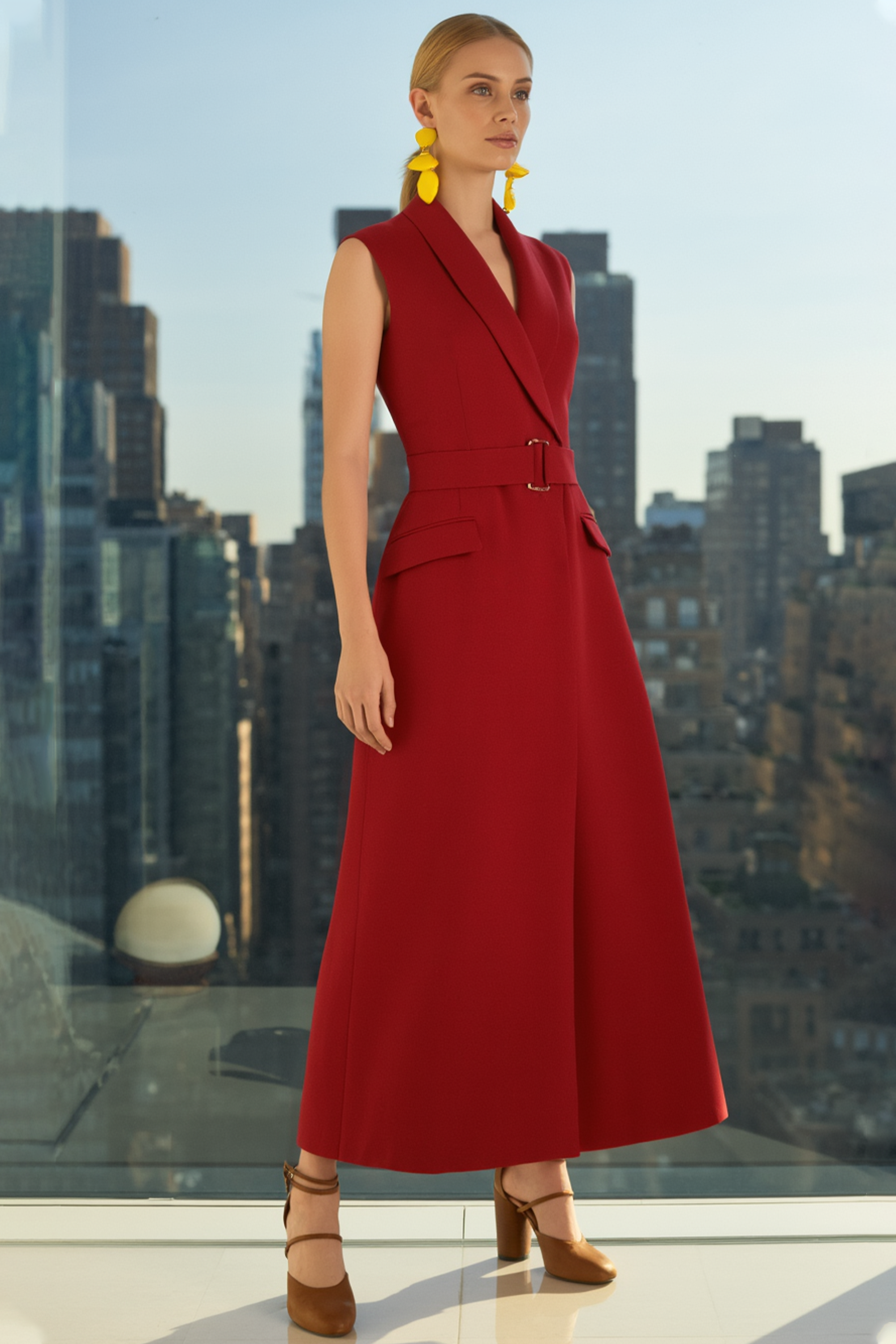 ​Business Work Dress​ Red Lapel Belted Maxi Dress