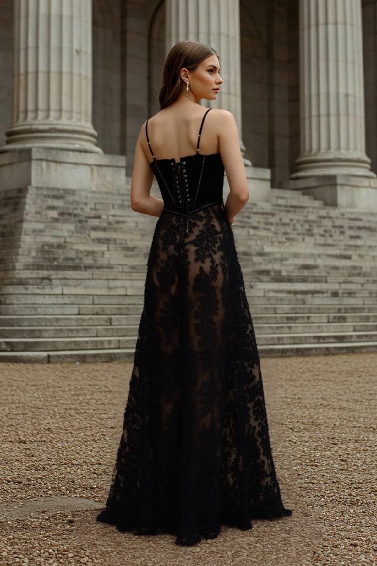 Formal Lace Dress​​ Black Straps Floor-Length Dress