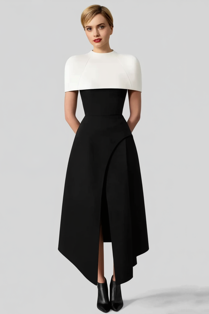 ​Business Dress​ Black White Stand Collar Maxi Dress