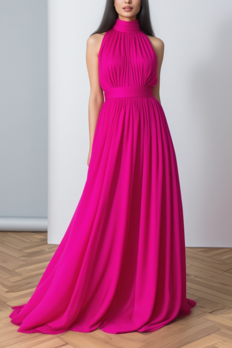 Vacation Holiday Dress Rose Halter Neck Ruched Floor-Length Dress