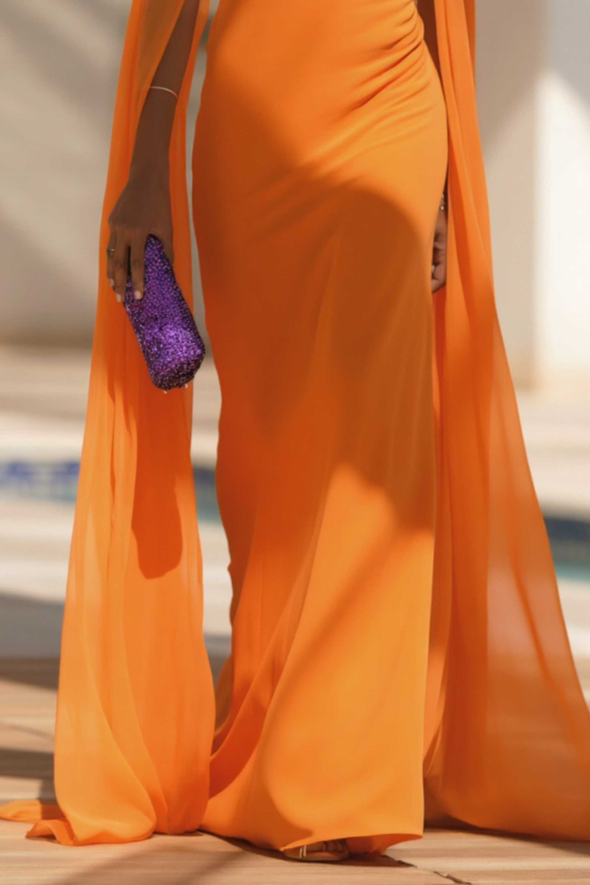 ​Evening Formal​ ​​Cape Dress Orange Square Neck Colorblock Floor-Length Dress