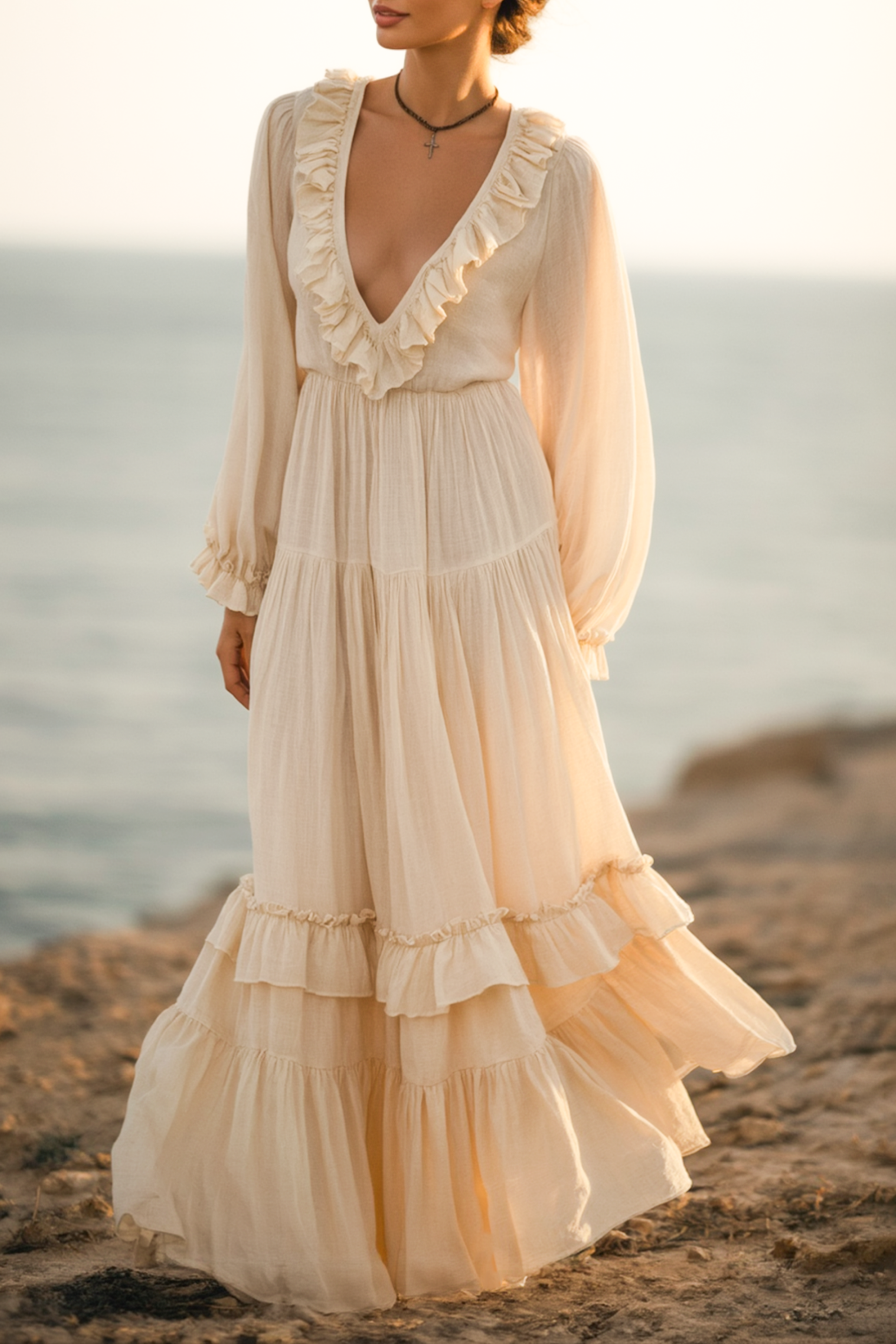 Bohemian Dress Beige Deep V Ruffle Floor-Length Dress