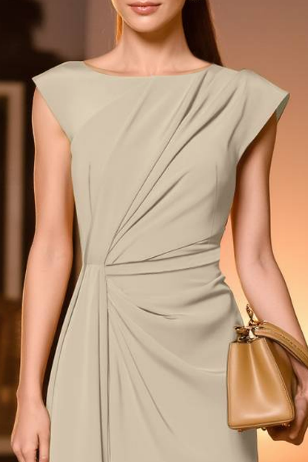 Office outfit khaki midi dress crew neck style