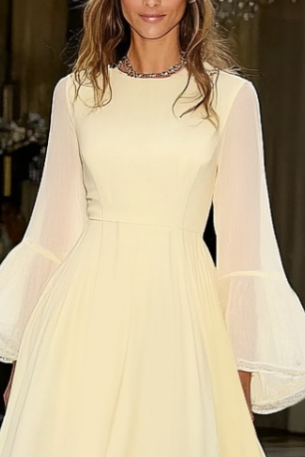 Party Cocktail Dress Yellow Crew Neck Midi Dress