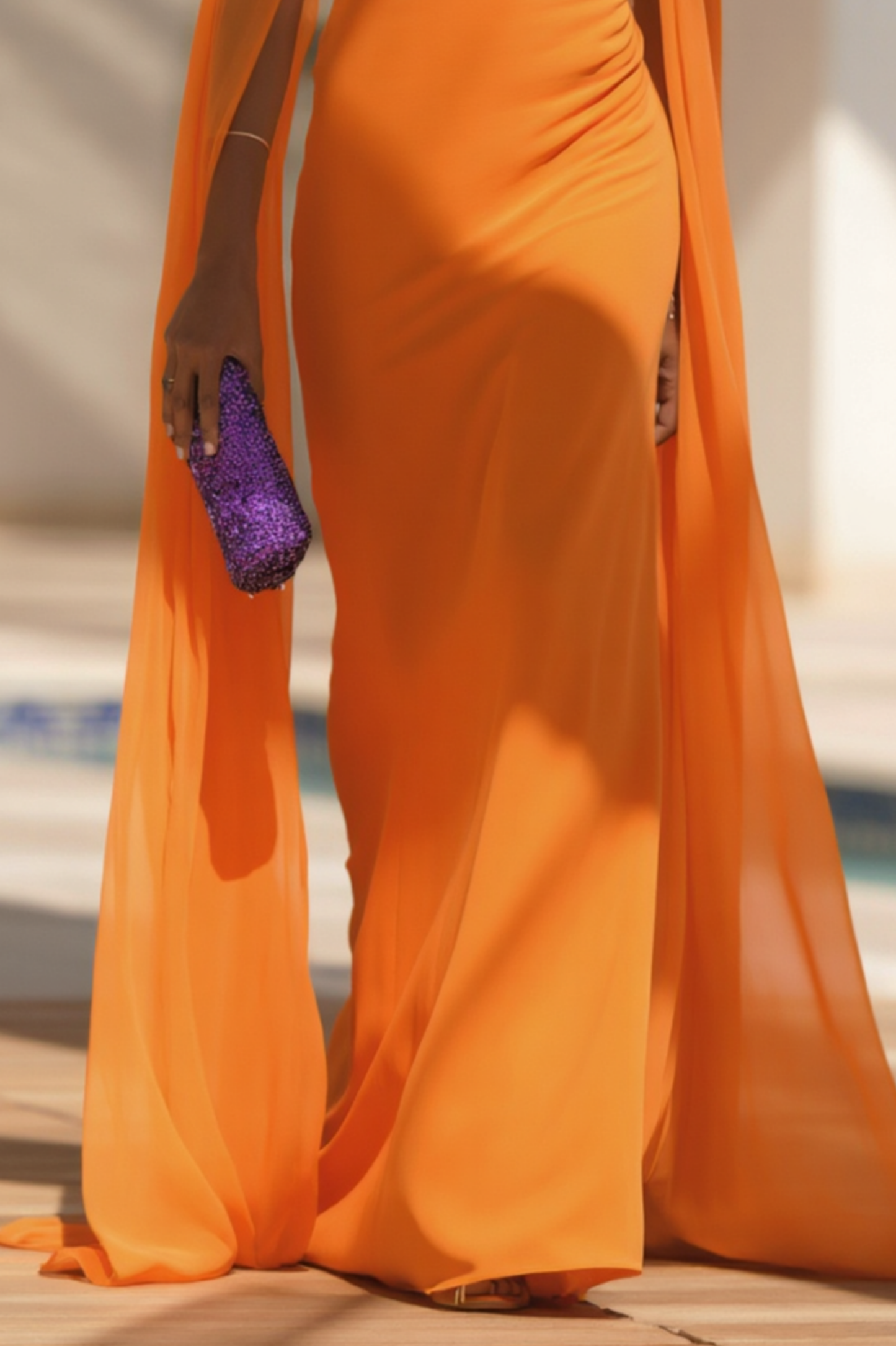 ​Evening Formal​ ​​Cape Dress Orange Square Neck Colorblock Floor-Length Dress