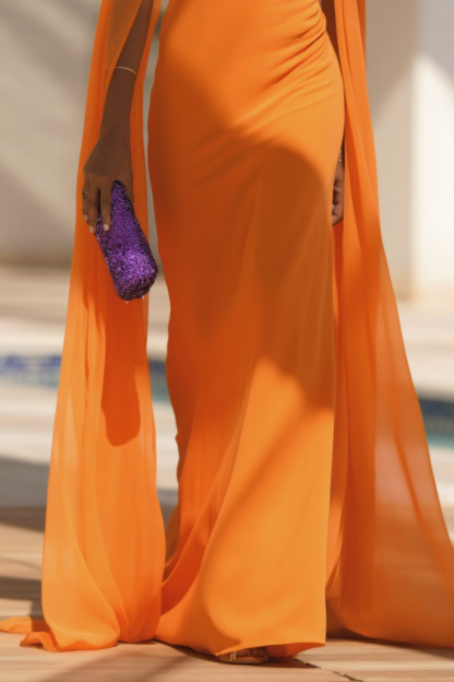 ​Evening Formal​ ​​Cape Dress Orange Square Neck Colorblock Floor-Length Dress