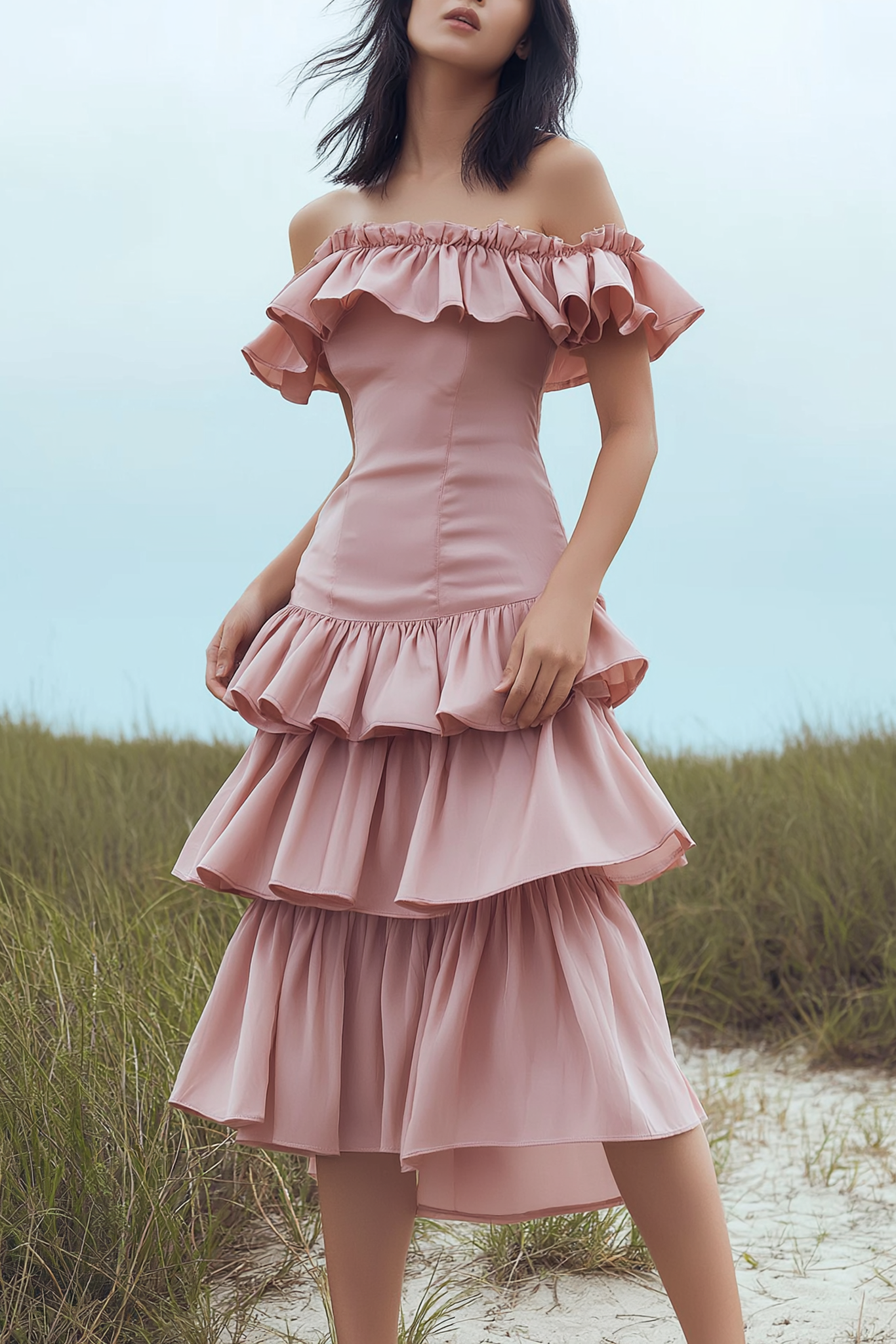 Party Dress Pink Off Shoulder Tiered Midi Dress