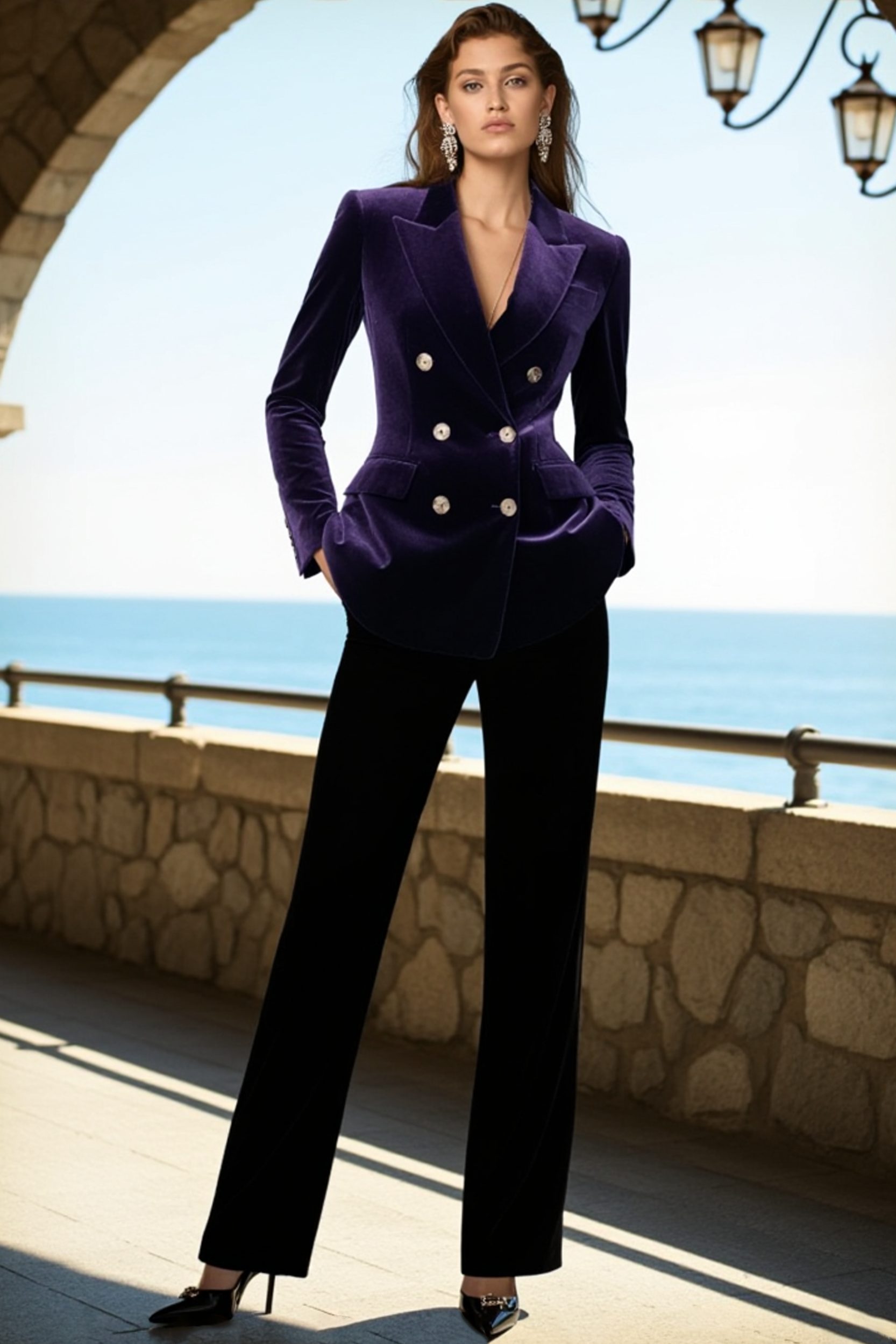Party Velvet Suit Sets Navy Lapel Long Sleeve Straight Pants Set