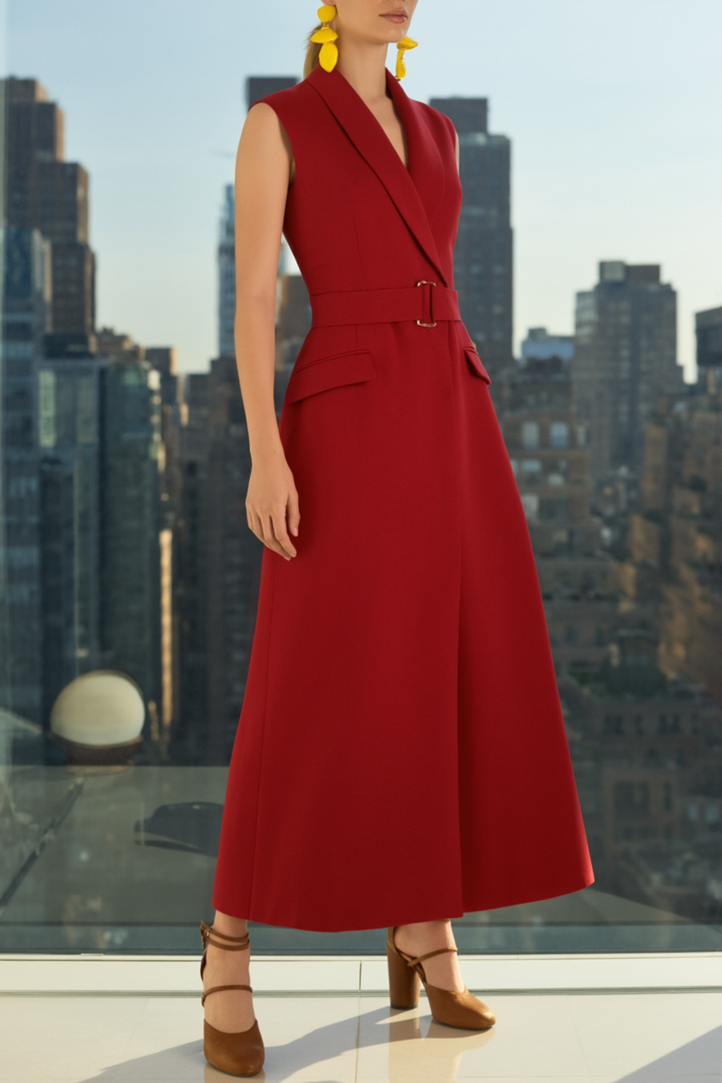 ​Business Work Dress​ Red Lapel Belted Maxi Dress