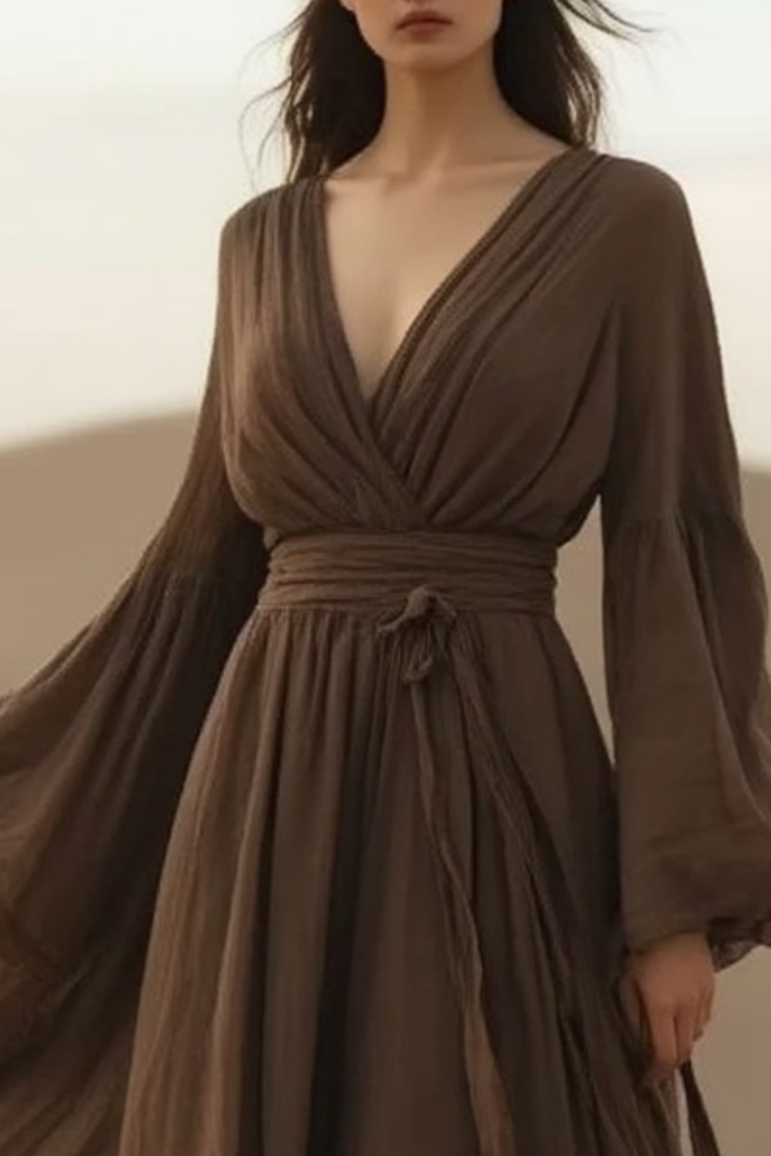 Bohemian Swing Dress Coffee V Neck Floor-Length Dress