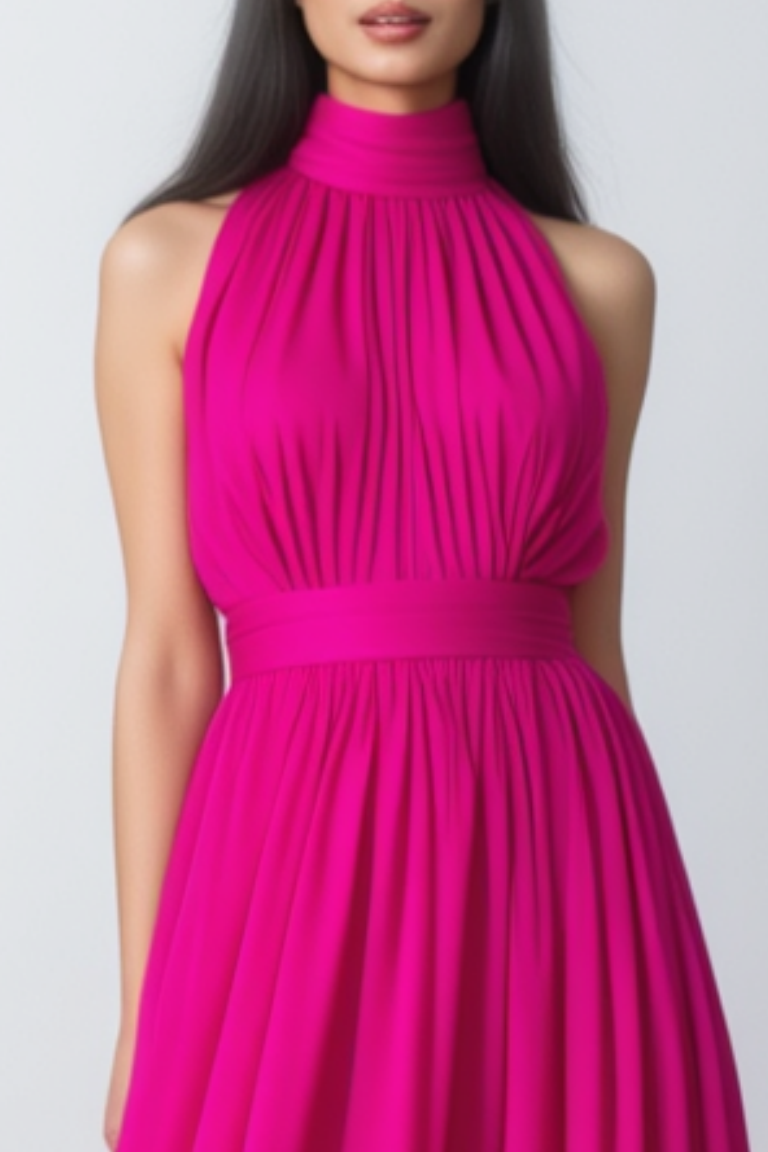 Vacation Holiday Dress Rose Halter Neck Ruched Floor-Length Dress