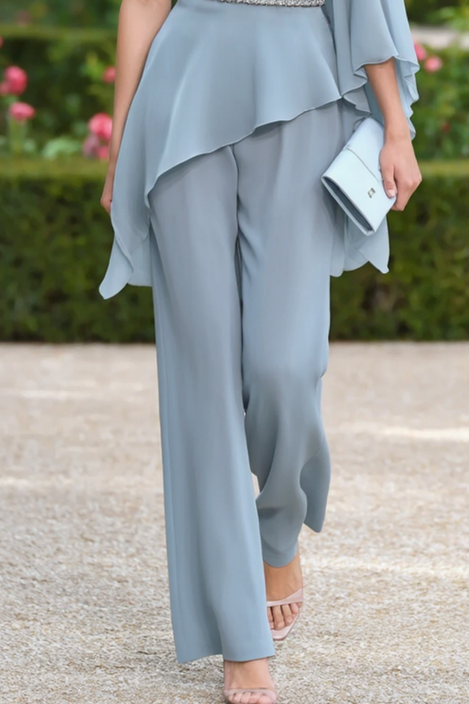 Work Set Blue One Shoulder Belted Chiffon Pants Set