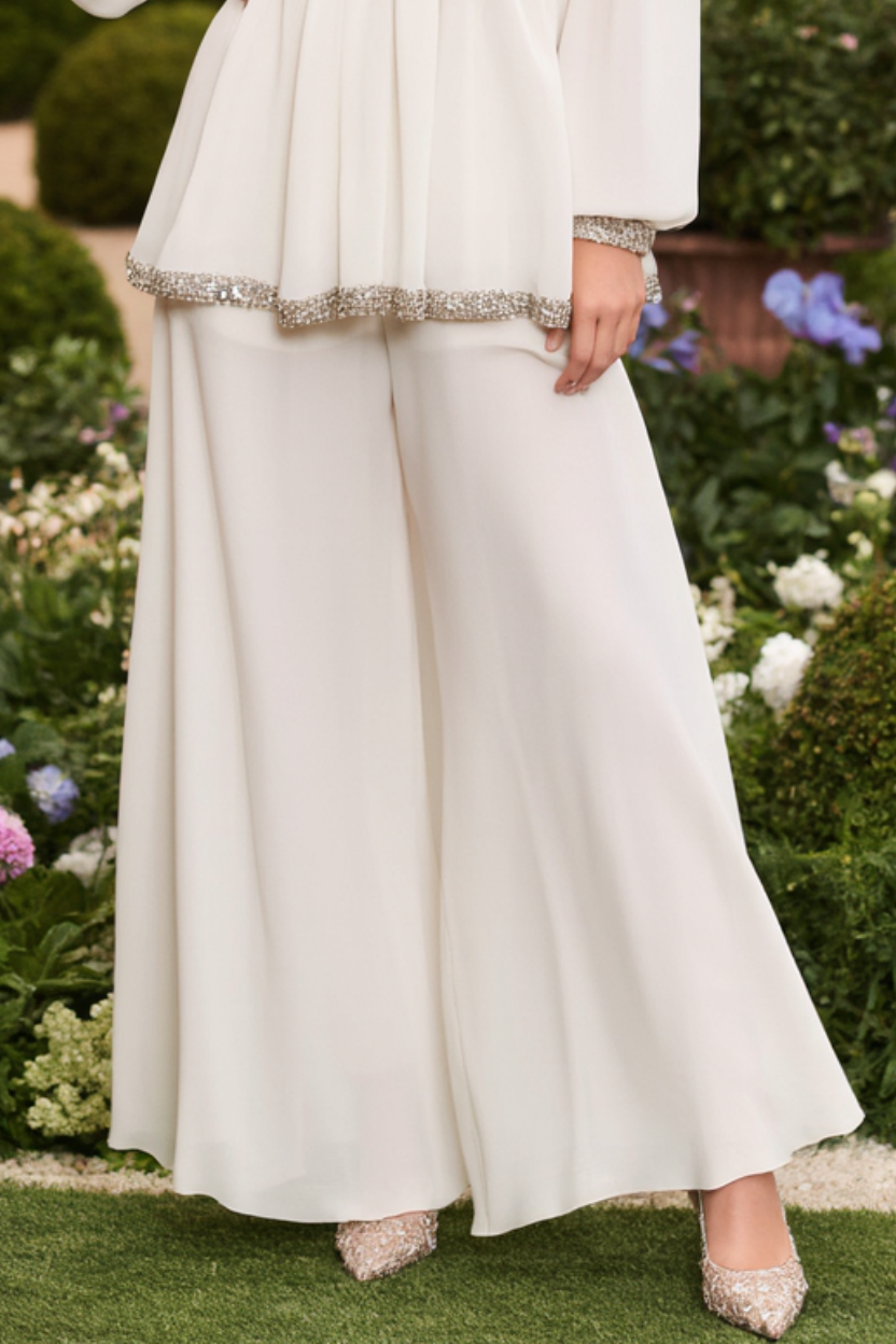 Wedding Guest Outfit Sets White V Neck Sequin Chiffon Wide-Leg