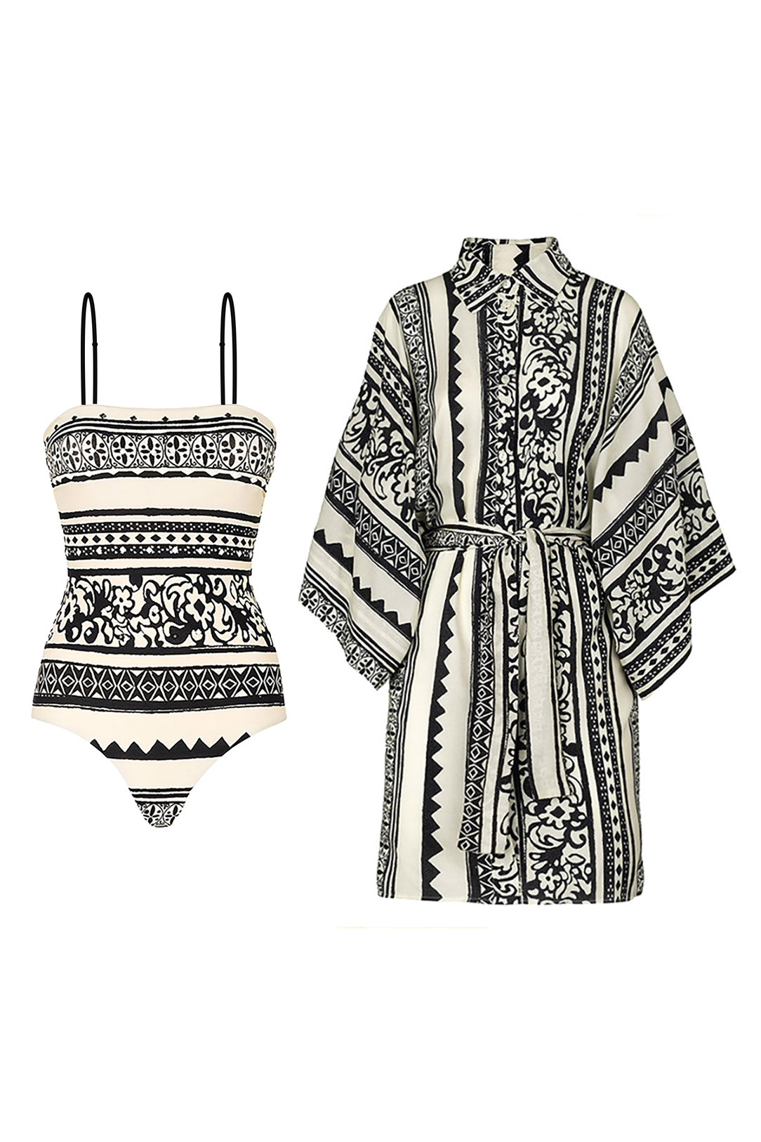 Ethnic Style Black White One-Piece Swimsuit Long Sleeve Cover-Up