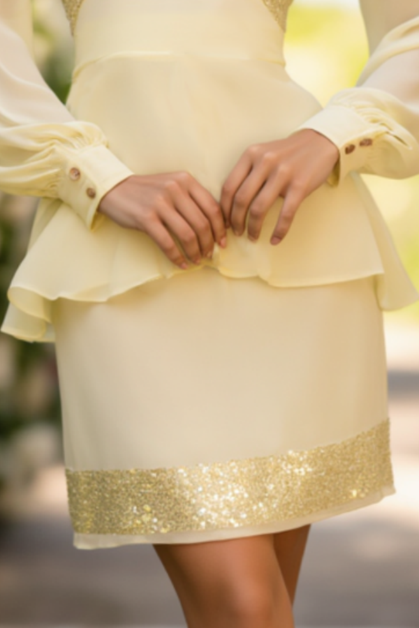 Party Cocktail Outfit Sets Yellow V Neck Sequin Mini Skirt Set