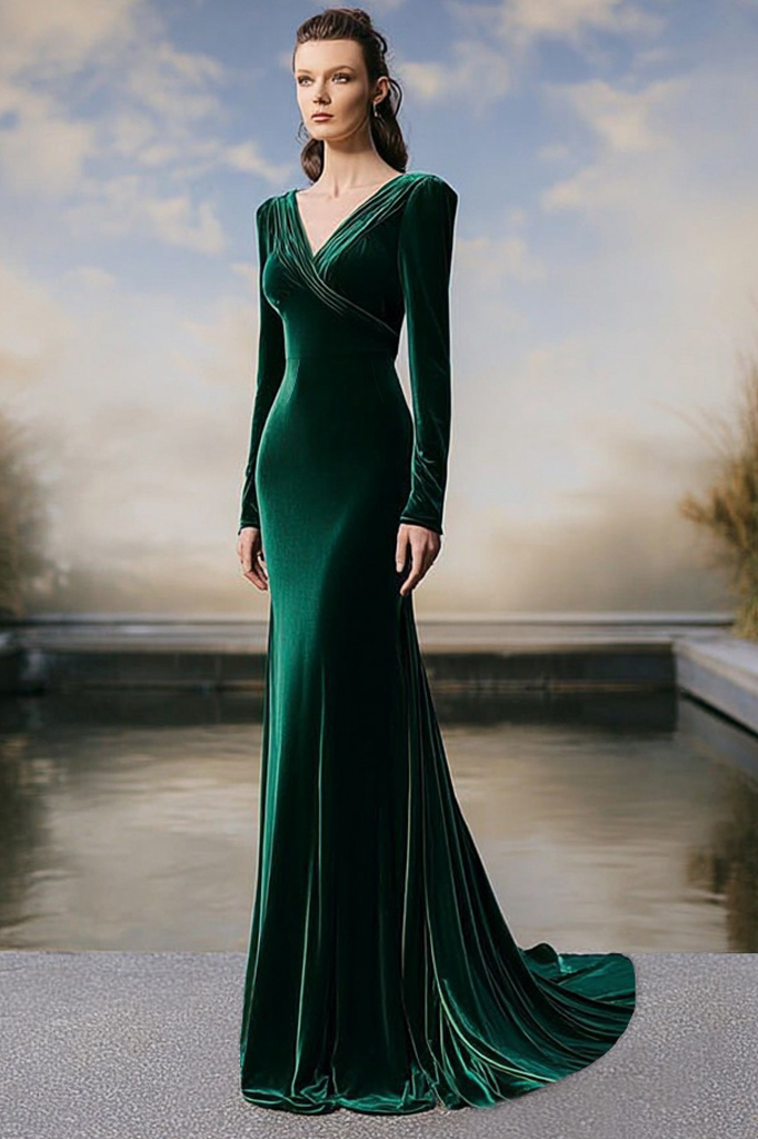 Formal Dress Green V Neck Velvet Maxi Dress