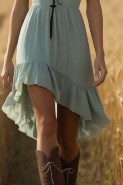 Boho Dress Green V Neck Ruffle Mini Dress