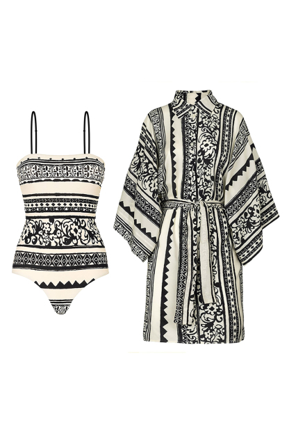 Ethnic Style Black White One-Piece Swimsuit Long Sleeve Cover-Up